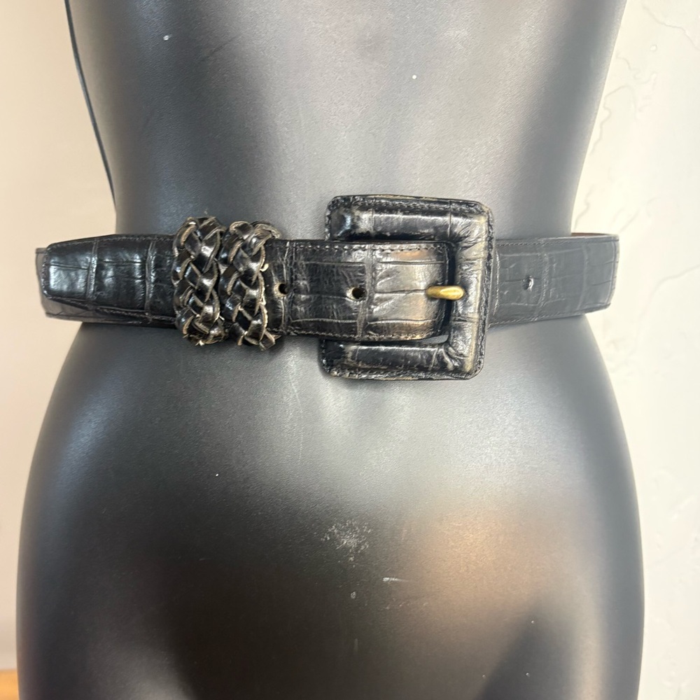 Brighton vintage black Croc-Embossed Leather Belt with Braided Accent sz S 34”